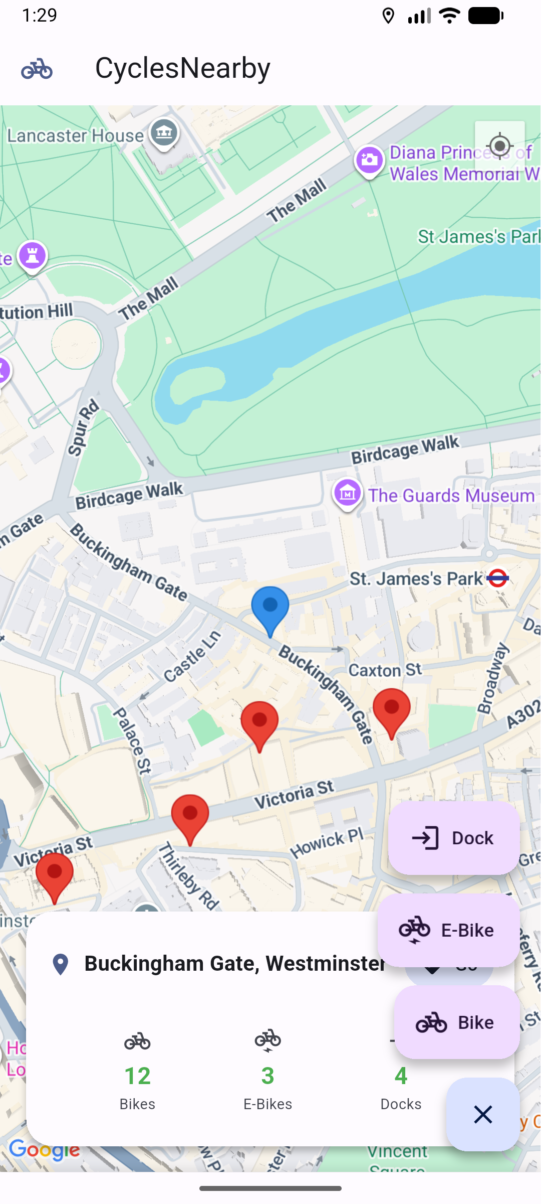 CyclesNearby showing bike stations near Buckingham Gate