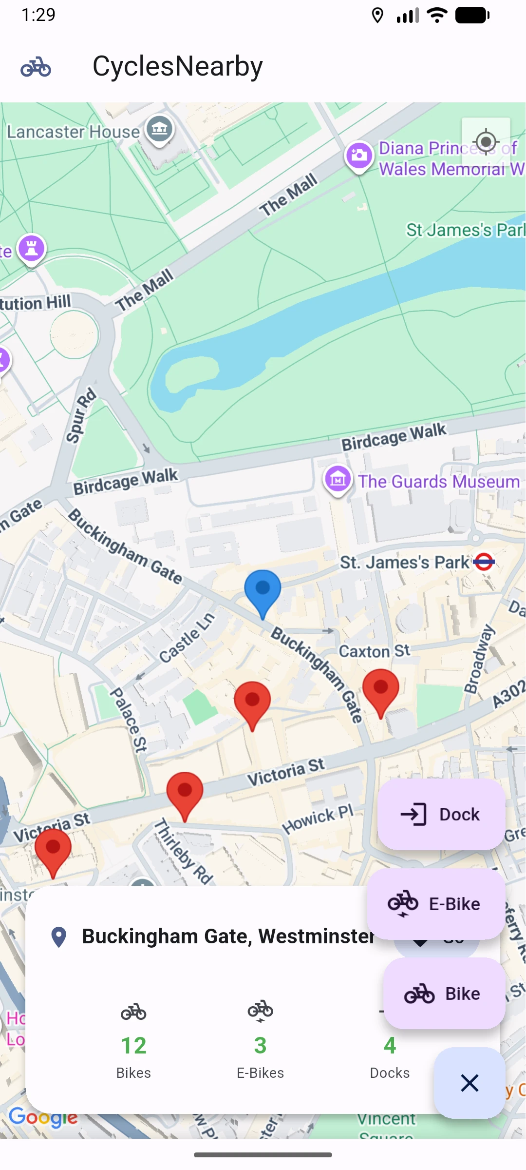 CyclesNearby showing bike stations near Buckingham Gate